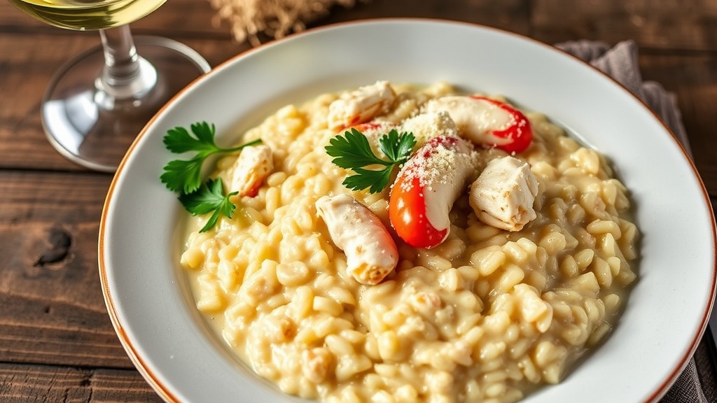 Creamy Crab Risotto Recipe Creamy Crab Risotto topped with parsley and Parmesan cheese, served in a bowl with a glass of white wine.